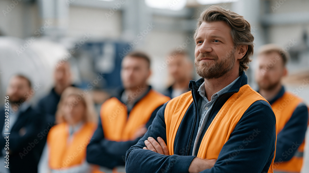 Fototapeta premium Stat number showing reduction in manufacturing waste tonnage displayed boldly in a factory sustainability milestone report, plant manager presenting the figure to workers and supervisors gathered in