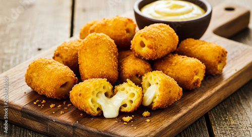 Delicious deep-fried mac and cheese bites served on a rustic cutting board with dipping sauce.