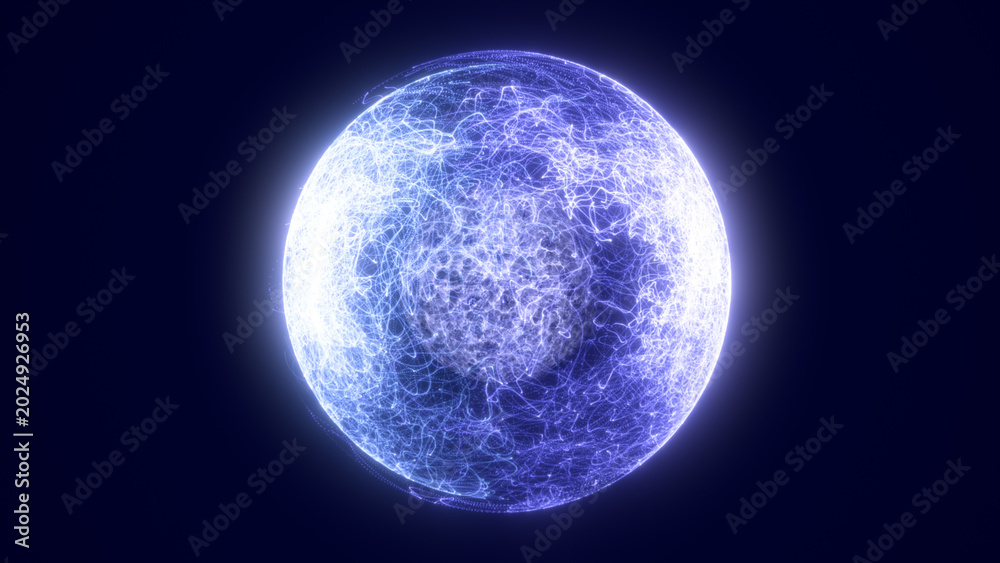 Fototapeta premium Glowing blue abstract sphere with dense electric filaments and radiant core on a dark futuristic background