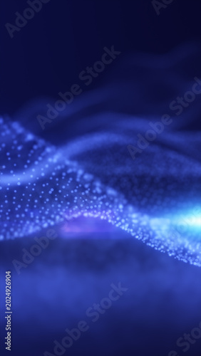 Glowing blue particle ribbon flowing through a dark space, forming a futuristic digital wave background with soft bokeh depth