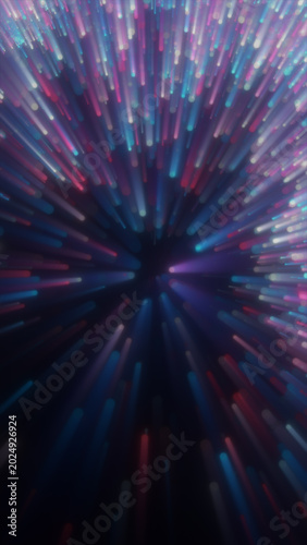 Colorful neon light streaks rushing into a dark center, creating a high-speed futuristic tunnel with dynamic motion.