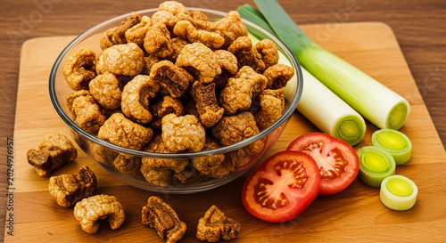 Bowl of crispy golden-brown fried pork rinds with fresh vegetables on a wooden cutting board