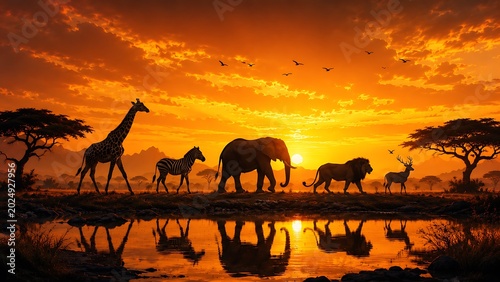 Silhouettes of african wildlife at golden sunset with reflections in water animals giraffe elephant