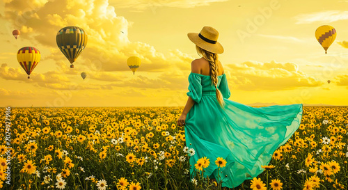 Young Woman and Hot Air Balloons at Golden Hour