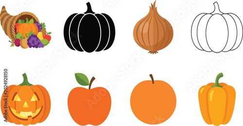Tableau sur toile Collection of autumn harvest icons featuring cornucopia pumpkins apple onion and