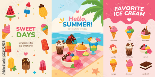 Ice cream banners set with cute colorful popsicles, cones and summer desserts. Hello summer beach picnic posters with sweet treats and ice cream menu. Flat vector illustration isolated on gray backgro
