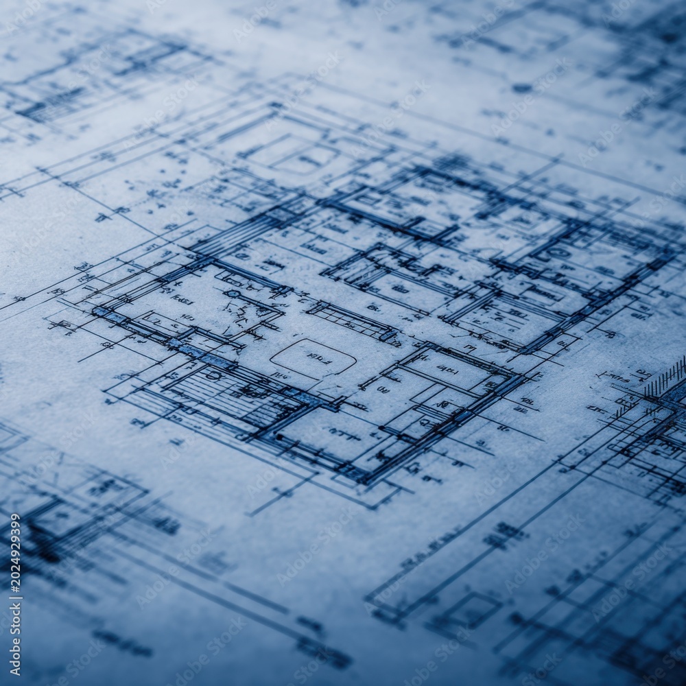 Fototapeta premium Detailed architectural drawing showing complex floor plans and structural layouts of a residential building, captured with a blue tint and sharp line work for design