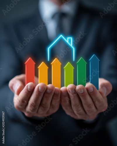 Businessman holding colorful upward arrows symbolizing growth and investment with a glowing house outline representing real estate market opportunities and progress
