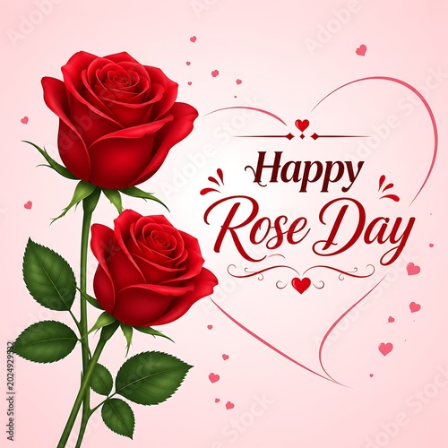 Two red roses with green leaves on soft pink background with happy rose day handwritten text flower stems