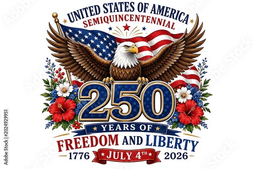 Vintage american eagle patriotic 250 years freedom and liberty anniversary emblem with flags and florals