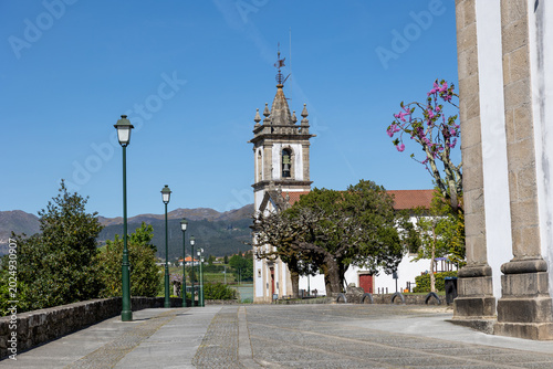Canvastavla Church bell tower standing over town square in arcos de valdevez