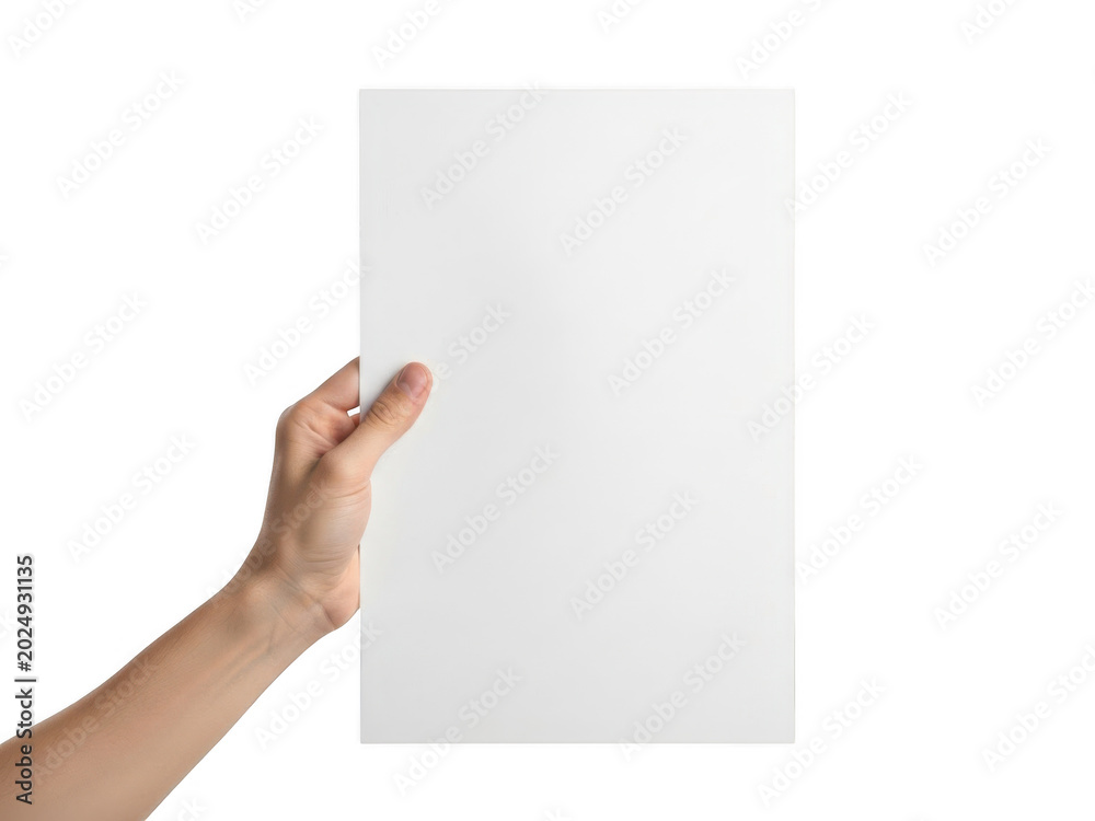 Fototapeta premium Human hand holding a blank vertical white sheet of paper or document isolated on transparent background