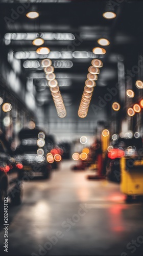 Blurred interior view of a spacious industrial garage with glowing overhead lights and indistinguishable vehicles and equipment in a moody atmosphere