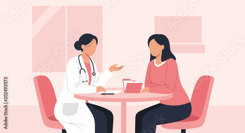 Female Doctor Consulting Patient in Clinic Office, Healthcare Conversation Illustration