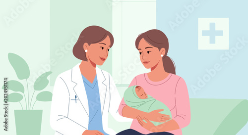Female Doctor Communicating with Young Mother Holding Newborn in Hospital Room