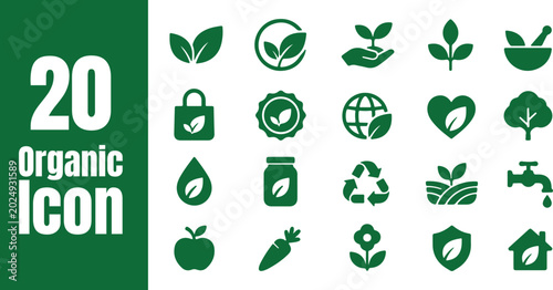 Organic icons set with green eco friendly symbols