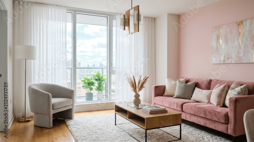 Minimalist Living Room with Dusty Rose Velvet Sofa, Grey Bouclé Chair, and Shag Rug