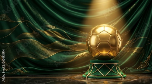 Golden soccer ball trophy on a luxurious green velvet pedestal with draped fabric and gold accents