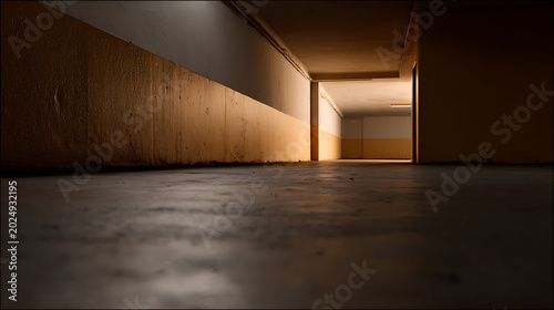 Deserted underground passage with rough concrete walls and floor, illuminated by distant light, creating an eerie and mysterious atmosphere