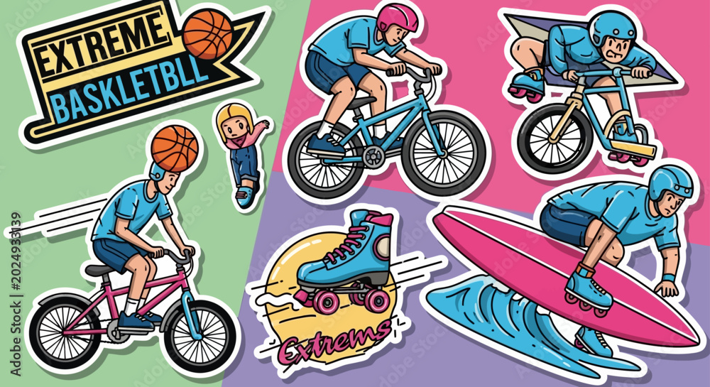 Fototapeta premium extreme sports cartoon illustration featuring diverse outdoor activities like cycling rollerblading and surfing for active lifestyle designs
