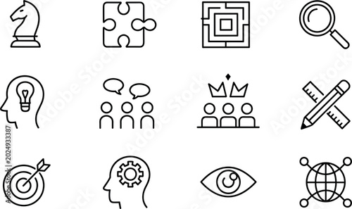 Tableau sur toile Minimalist business strategy and problem solving icon set featuring black line art of chess piece, puzzle, maze, target, and brain symbols for management apps, and startup marketing materials