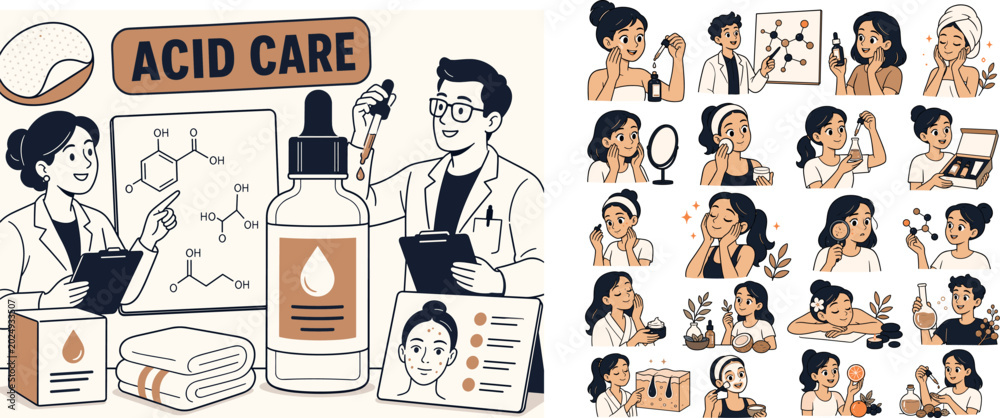 Fototapeta premium Acid Skincare Science Banner scene about acid skincare ingredients, cosmetic chemistry and exfoliation treatment, 2 expressive dermatology specialists working around one oversized serum bottle and one
