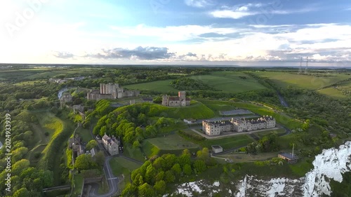 Dover Castle from a drone, White Cliffs, Dover, Kent, England