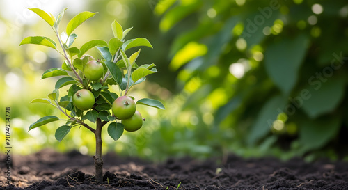 Young apple tree with small green fruits growing in fertile soil, symbolizing growth and new beginnings in a garden setting. This image represents agriculture, nature, and the promise of harvest,