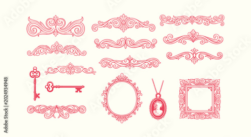 Bild auf Leinwand Vintage Ornamental Decorative Elements Set with Baroque Flourishes Frames Keys a