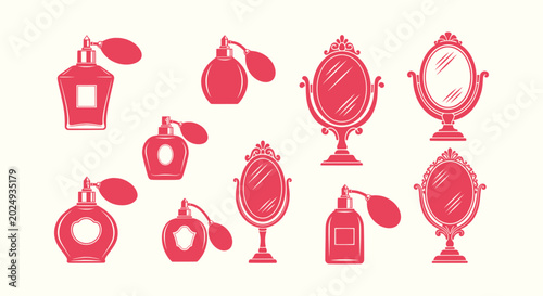 Foto Collection of Pink Vintage Perfume Bottles with Atomizers and Ornate Vanity Mirr