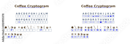 Cuadro en lienzo Coffee cryptogram puzzle with letters and symbols on white background