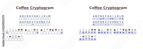 Принти на полотні Coffee cryptogram puzzle displaying coded letters and guide