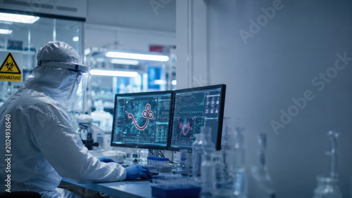 Ebola virus. Ebola virus medical research, scientist observing laboratory data screens in biohazard facility