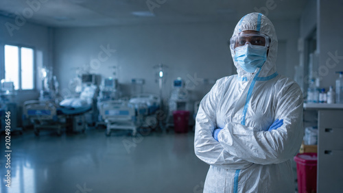 Ebola virus. Ebola virus healthcare emergency scene, PPE-clad medical worker standing in clinical environment with soft atmospheric lighting