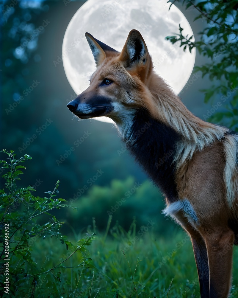 Obraz premium A maned wolf fantasy animal experiment, fictional species in a lunar arc