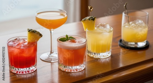 Row of colorful mixed citrus cocktails with pineapple garnish and foam on wooden bar for cocktail menu and party background