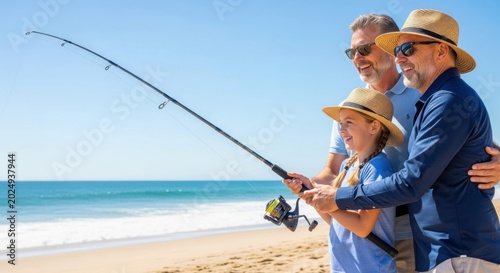 Family fishing on a sunny beach with child learning to fish for leisure background and summer banner design