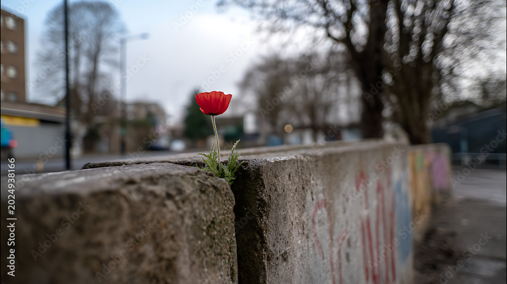 Fototapeta premium Vibrant red flower sprouts from a concrete wall crack, a symbol of resilience and determination in an urban environment with soft focus background