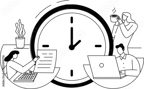 Office Deadline Rush Line Art Illustration with Busy Workers in Modern Workspace