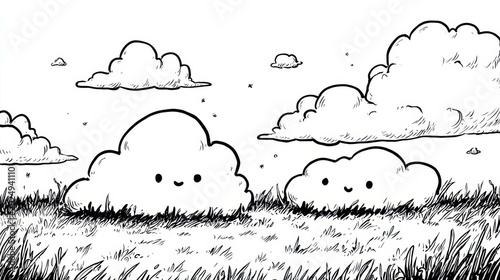 Whimsical black and white illustration of smiling cartoon clouds resting gently among tall grass under a scattered sky filled with fluffy clouds and tiny stars