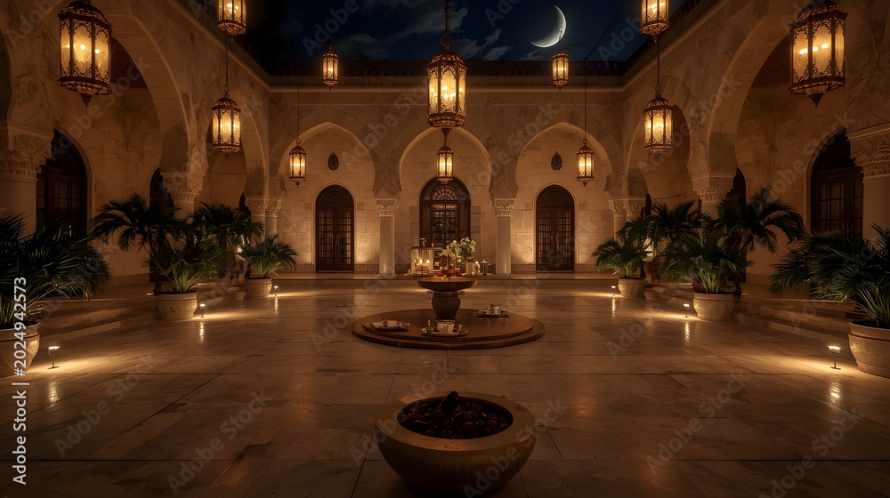 Obraz premium Grand courtyard with lanterns and crescent moon