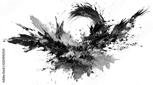 Abstract black in splash, paint, brush strokes, stain grunge isolated on white background, Japanese style,