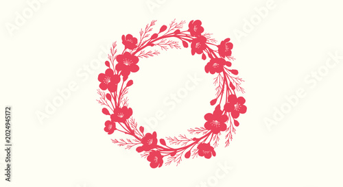 Tableau sur toile Red Floral Wreath Illustration with Cherry Blossoms on Cream Background for Eleg