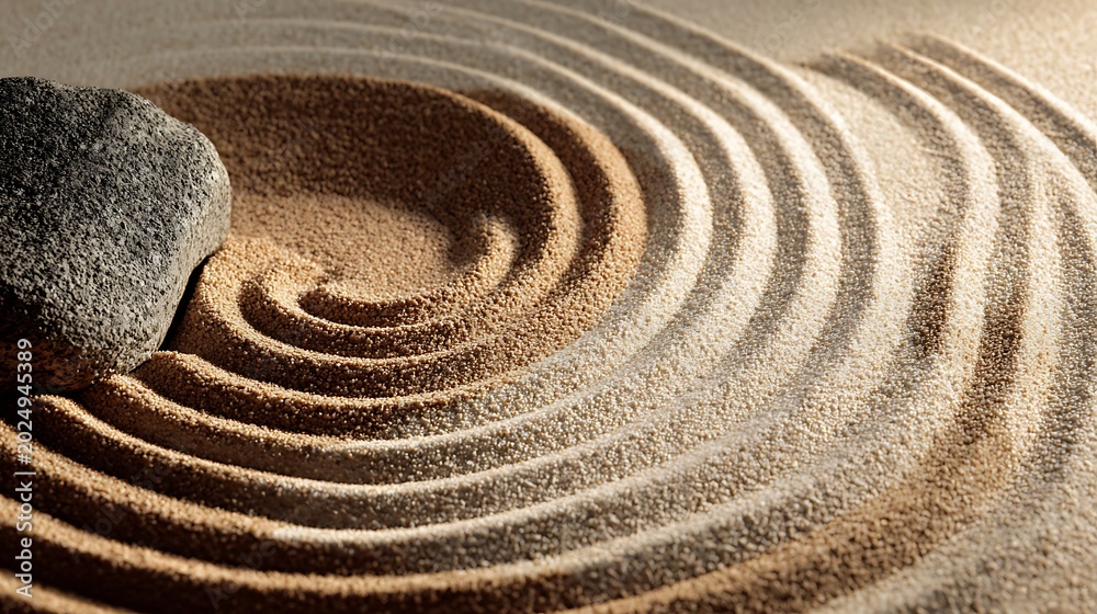 Naklejka premium A serene Japanese rock garden scene with a large stone surrounded by concentric sand ripples.