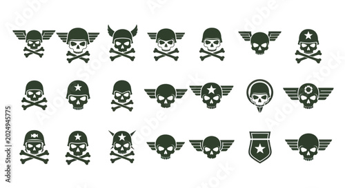 Foto Military Skull Emblems Set: Wings, Helmets, Stars & Shields