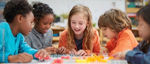 Children engage in collaborative learning with colorful puzzle pieces on a table indoors