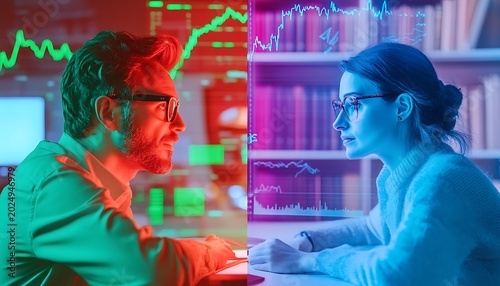 Split.screen investors — one exuberant in a trading room with bullish charts, the other serene in a library with books, symbolizing contrasting approaches to market analysis
