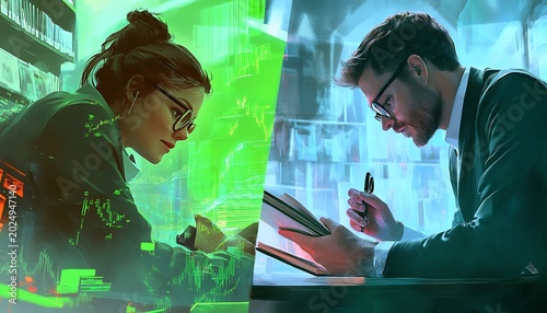  Split.screen investors — one exuberant in a trading room with bullish charts, the other serene in a library with books, symbolizing contrasting approaches to market analysis