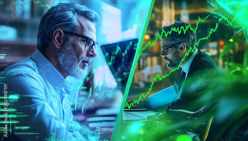  Split.screen investors — one exuberant in a trading room with bullish charts, the other serene in a library with books, symbolizing contrasting approaches to market analysis