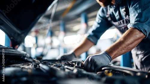 Mechanic working under hood of car in garage with tools and engine